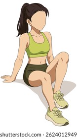 Relaxed female athlete sitting on the ground in a green sports outfit after a workout. Illustrations of healthy lifestyle. Women doing running activity. Flat vector girl illustrations. Female athlete.