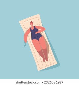 Relaxed Female Character Enjoying Summer Time Vacation Floating on Inflatable Air Mattress, Take Sun Bath