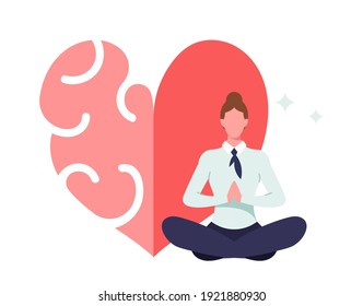 Relaxed Female Character Meditate in Yoga Lotus Pose near Huge Heart Separated on Two Parts Feelings and Brain. Iq and Eq Intelligence, Balance and Harmony Concept. Cartoon Vector Illustration