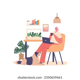 Relaxed Female Character Sitting with Coffee and Laptop at Home with Greenery Growing Equipment on Table