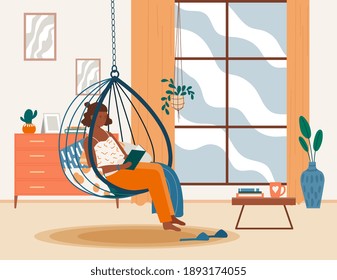 Relaxed female character is sitting in comfy hanging chair and reading a book. Woman is reading a book at cozy home interior. Concept of relaxation in comfort. Flat cartoon vector illustration