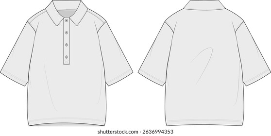 Relaxed fit short Sleeve Polo Shirt Technical Flat Sketch – Front and Back View.