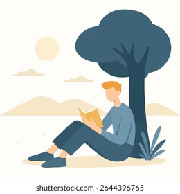 Relaxed Flat Style Illustration of Person Reading Book Under Tree