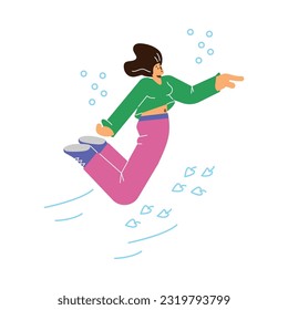 Relaxed flying woman, leaves and bubbles flat style, vector illustration isolated on white background. Decorative design element, freedom and dreaming, imagination and creativity