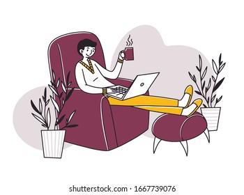 Relaxed freelance employee drinking coffee while working at home. Man sitting in armchair, using laptop. Vector illustration for freelancer, morning, remote worker, lifestyle concept