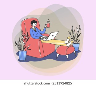 Funcionários freelance relaxados bebendo café enquanto trabalham em casa. Homem sentado em poltrona, usando laptop. Ilustração vetorial para freelancer, manhã, trabalhador remoto, estilo de vida