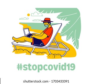 Relaxed Freelancer Character in Medical Mask Sitting on Daybed under Palm Trees on Exotic Tropical Beach Working on Laptop. Freelance or Distant Work Employee at Quarantine. Linear Vector Illustration