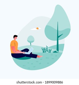Relaxed freelancer guy sitting on On the Open space. Working in laptop with good natural places. Remote work. flat vector flat illustration.
