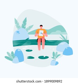 Un tipo independiente relajado sentado en la orilla del río. Leer en tablet computadora con buenos lugares naturales. ilustración plana vectorial.
