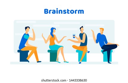 Relaxed Friendly Colleagues, Friends, Businesspeople Brainstorm During Company Meeting in Office or Coworking Area Discussing Startup Ideas on Briefing Meeting Cartoon Flat Vector Illustration, Banner