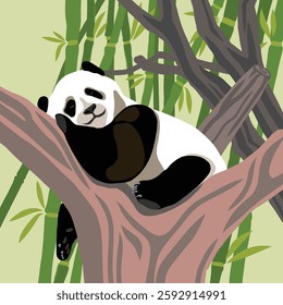 A relaxed giant panda resting on a tree branch in a bamboo forest. This stylized vector illustration highlights the panda’s calm nature, making it a symbol of peace, wildlife, and conservation.