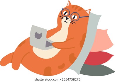 Relaxed ginger cat wearing round glasses and working from home, lying on pillows and using laptop with cat sticker, depicting comfortable and humorous freelance or remote work concept