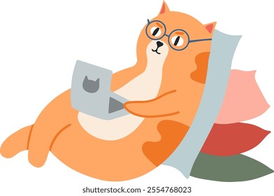 Relaxed ginger cat wearing round glasses and working from home, comfortably lying on pillows and using a laptop, depicting a cozy and productive work from home setup