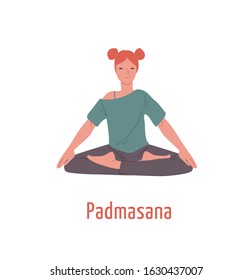 Relaxed girl with closed eyes sitting in padmasana position vector flat illustration. Meditation yogi woman in Lotus pose isolated on white background. Sports female practicing yoga