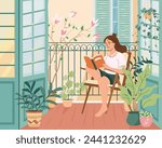 Relaxed girl comfortable sitting on home balcony garden with potted green plants. Personal space concept. Selftime. Urban house jungle on cozy terrace, view from room. Flat vector illustration