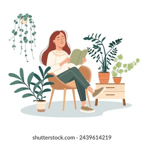 Relaxed girl comfortable sitting on the armchair and reading book surrounded by plant. Personal space concept. Selftime. Indoor garden, cozy interior design. Flat vector illustration isolated on white