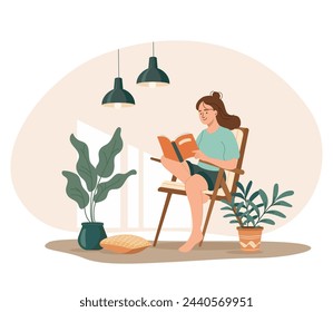 Relaxed girl comfortable sitting on modern chair and reading book surrounded by plant. Personal space concept. Selftime. Indoor garden, cozy interior design. Flat vector illustration isolated on white