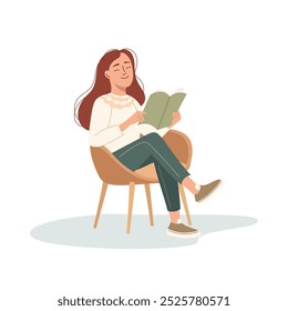 Relaxed girl comfortable sitting on modern chair and reading book. Cute teenage girl spends selftime reading a magazine. Flat vector illustration isolated on white