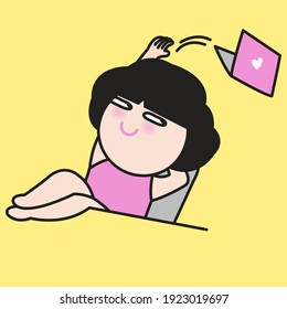 Relaxed Girl With Cunning Face Lying In Chair While Throwing Away Laptop Concept Card Characte illustration