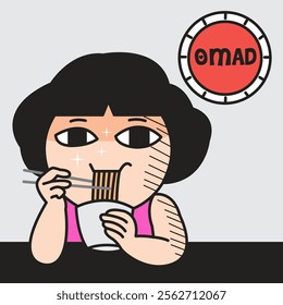 Relaxed Girl Is Eating Happily After Trying One Meal A Day Concept Cartoon Character illustration