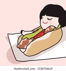 Relaxed Girl Laying In Bacon Sandwich Concept Card Character illustration