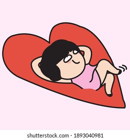 Relaxed Girl Laying On Big Red Heart. Valentine Day Concept Card Character illustration