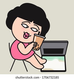 Relaxed Girl Legs Lying On Computer Laptop On Floor With The Sand Beach View Background. Woman Stay Home Or Indoors To Stop Spreading Virus Concept Card Character illustration