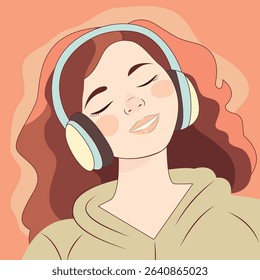 Relaxed Girl Listening to Music with Headphones
Vector illustration of a young woman with closed eyes enjoying music through large headphones.