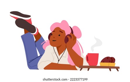 Relaxed Girl Lying on Floor with Coffee and Cookies Listen Online Book or Music in Headphones. Online Reading, Ebook, Education. Female Character Fun and Recreation. Cartoon People Vector Illustration