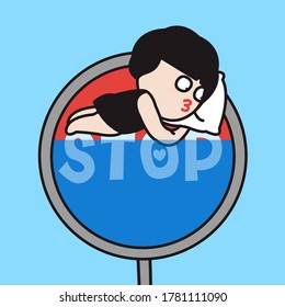 Relaxed Girl Lying On A Stop Sign In Flood Water Concept Card Character illustration