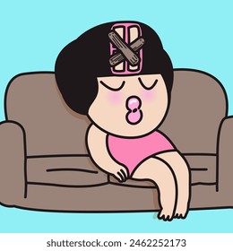 Relaxed Girl Napping And Leaning Back On Sofa, Sealed Her Head With Wooden Planks Concept Card Character illustration