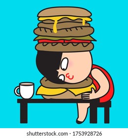 Relaxed Girl Napping In the Middle Of Giant Burger At Desk Concept Card Character illustration