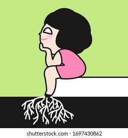 Relaxed Girl With Roots. Things That Happen When Lazy Human Sit Down All Day Doing Nothing Concept Card Character illustration