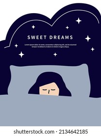 Relaxed girl sleeping in cozy bed at nighttime with stars blue clouds sky background. Healthcare, Comfort, insomnia, dream, Healthy sleep, Lifestyle concepts. Flat cartoon vector design illustrations.