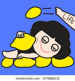 Relaxed Girl Sleeping On Yellow Lemons After Someone Hand Throwing Them To Her. When Life Gives You Lemons Just Go To Sleep On Them Concept Card Character illustration