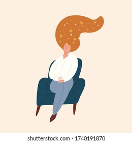 Relaxed girl with starry sky in red hair sitting with closed eyes vector flat illustration. Dreaming domestic woman resting in armchair with cup of hot beverage isolated on white background