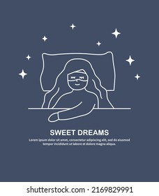 Relaxed girl wearing eye mask sleeping  Insomnia  sweet dream  night routine concept  Simple line art drawing isolated blue background fulls shining stars 