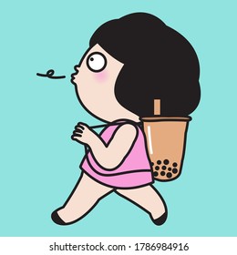 Relaxed Girl Whistling And Carrying A Big Cup Of Bubble Milk Tea At Her Back Concept Card Character illustration