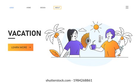 Relaxed girls enjoy drinks in calmness mood at tropical resort bar. Web banner advertising for vacation poster. Flat outline cartoon vector illustration concept design isolated on white background.