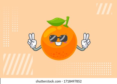 RELAJADOS, VIDRIO, CARA FRÍA. Doble Gesto Del Dedo De La Paz. Ilustración de la mascota de caricaturas de cítricos naranja.