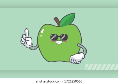 RELAXED, GLASSES, COOL Face Emotion. Forefinger Hand Gesture. Green Apple Cartoon Mascot Illustration