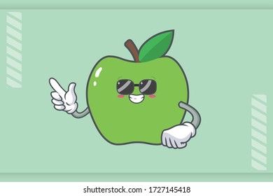 RELAXED, GLASSES, COOL Face Emotion. Forefinger Hand Gesture. Green Apple Cartoon Mascot Illustration