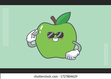 RELAXED, GLASSES, COOL Face Emotion. Salute Hand Gesture. Green Apple Cartoon Mascot Illustration