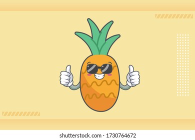 RELAXED, GLASSES, COOL Face Emotion. Double Thumb Up Hand Gesture. Pineapple Fruit Cartoon Drawn Mascot Illustration.