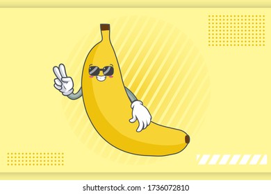 RELAXED, GLASSES, COOL Face Emotion. Peace Hand Gesture. Banana Fruit Cartoon Drawing Mascot Illustration.