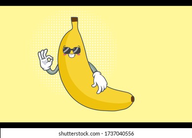 RELAXED, GLASSES, COOL Face Emotion. Nice Hand Gesture. Banana Fruit Cartoon Drawing Mascot Illustration.