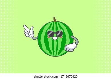 RELAXED, GLASSES, COOL Face Emotion. Forefinger Hand Gesture. Watermelon Fruit Cartoon Drawing Mascot Illustration.