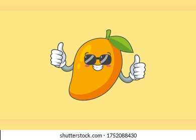 RELAXED, GLASSES, COOL Face Emotion. Double Thumb Up Hand Gesture. Yellow Mango Fruit Cartoon Drawing Mascot Illustration.