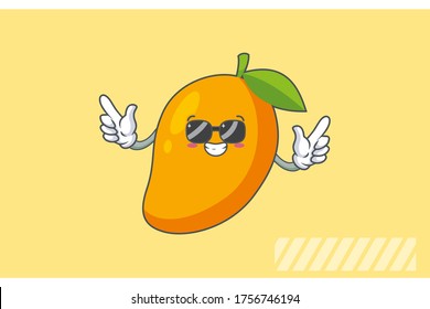 RELAJADO, GAFAS, FRENTE A LA Emoción. Gesto de mano doble de la pistola de la puerta. Caricatura De La Fruta De Mango Amarilla Dibujando Ilustración De Mascota.