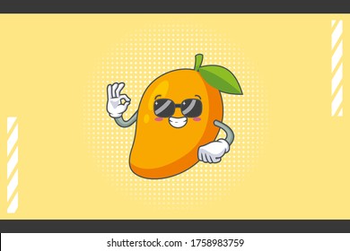 RELAXED, GLASSES, COOL Face Emotion. OK Nice Hand Gesture. Yellow Mango Fruit Cartoon Drawing Mascot Illustration.